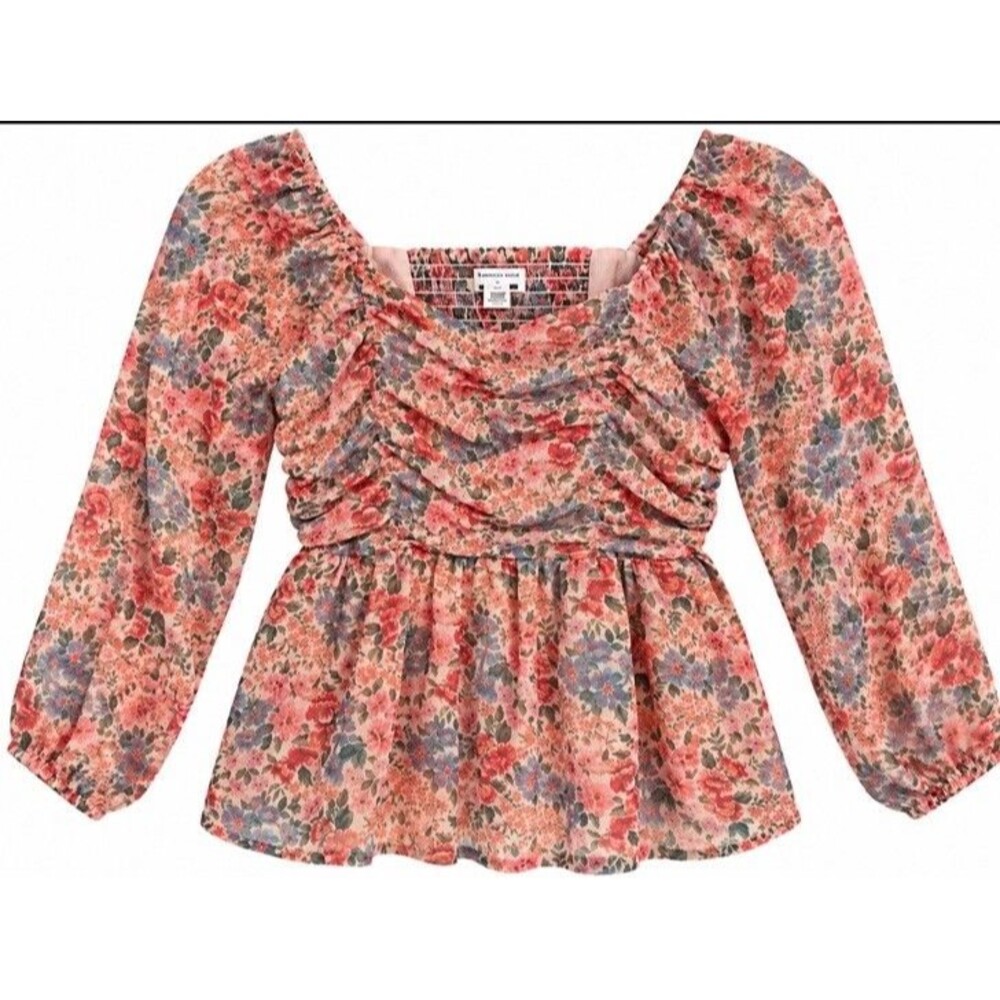 American Eagle Pink Floral Ruched Bodice Puff Sleeve Blouse Size M Coquettegirl